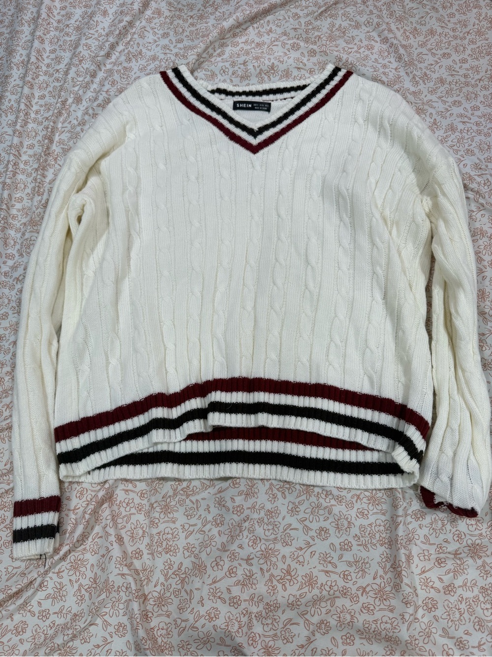 SHEIN Cream Cable Knit V-Neck Sweater with Burgundy & Black Trim